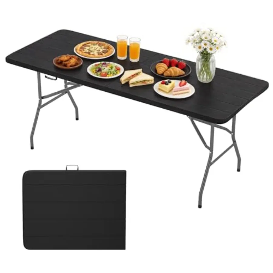 

6 FT Portable Plastic Folding Table with Carrying Handle and Black Wood Grain Design Ideal for Outdoor Picnics Garden Parties F