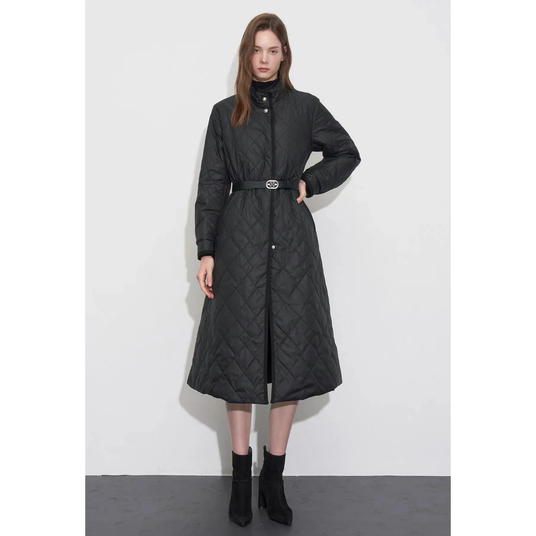 

OBZ25 Autumn Long Lemon Cheese down Jaet with Belt Diamond Patterned Stand Collar Versatile Sle Commute Pure Color