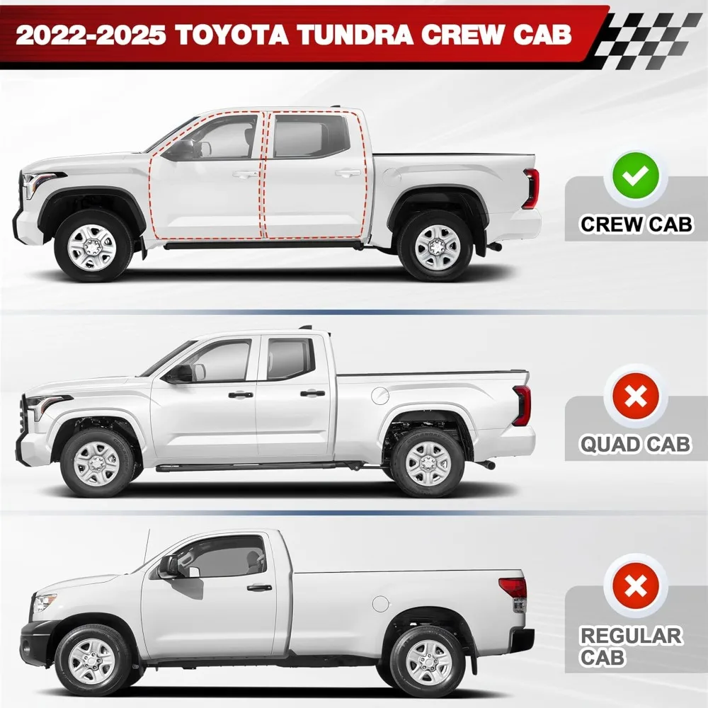 لوحات الجري خطوت مرتفعتين متوافقة مع 2022-2025 Toyota Tundra Crew Max مع 4 أبواب كاملة الحجم، تصميم سرجين جانبي S