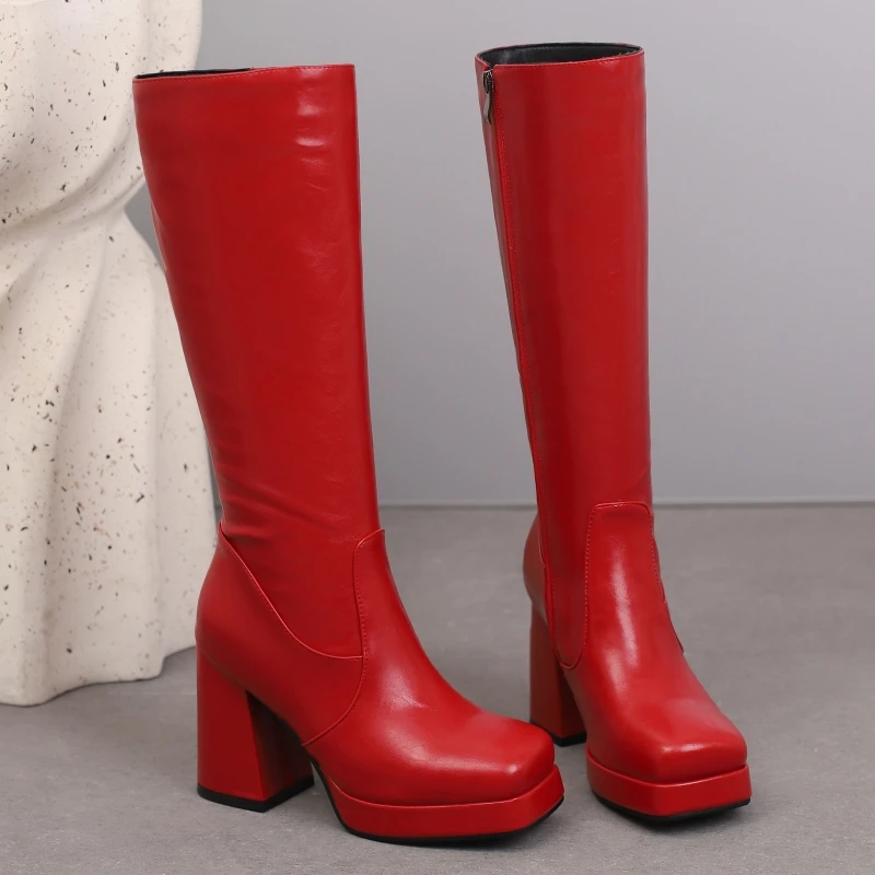 Elegant Knee High Boots Female Shoes Autumn Winter Women\'s High Boot Silver Red Zipper Long Party Shoes Ladies Large Size 45
