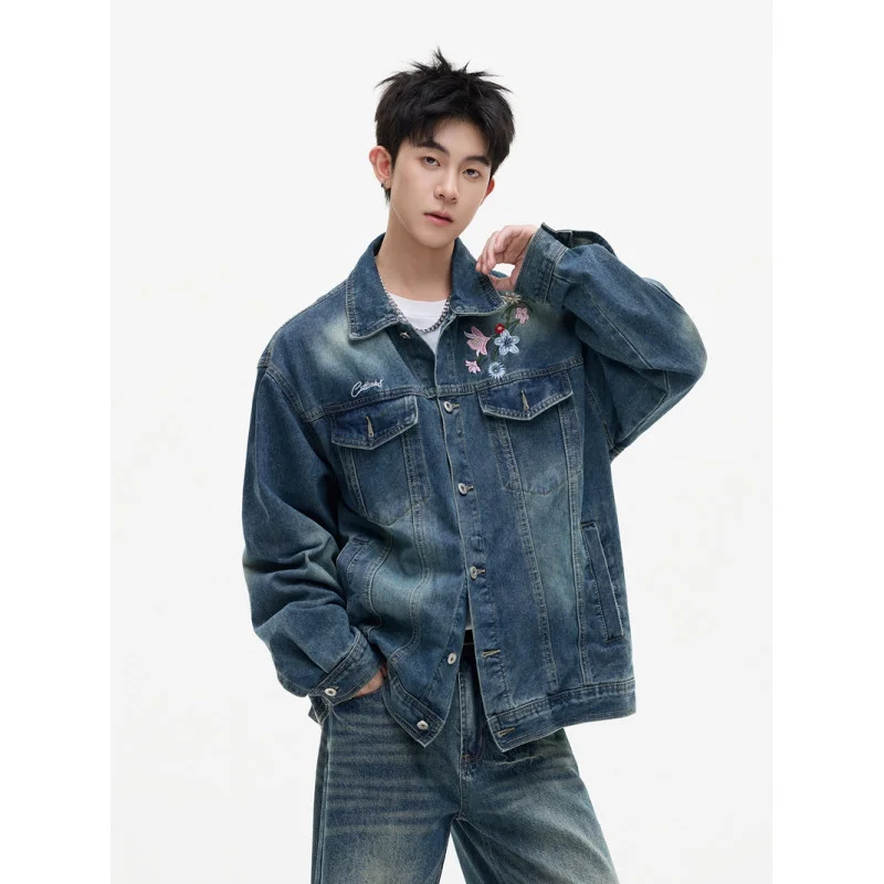 

GIOIOMen's джинсовая куртка, новинка весны и осени 2025 года, свободная повседневная мужская джинсовая куртка с цветочной вышивкой