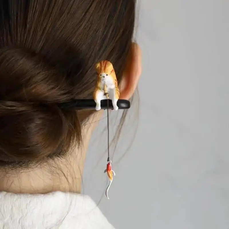 

Retro Cat Fishing Wooden Hair Stick Tassel Black Sandalwood Hanfu Hairpin Hair Sticks For Buns Chinese Style Hanfu Accessories