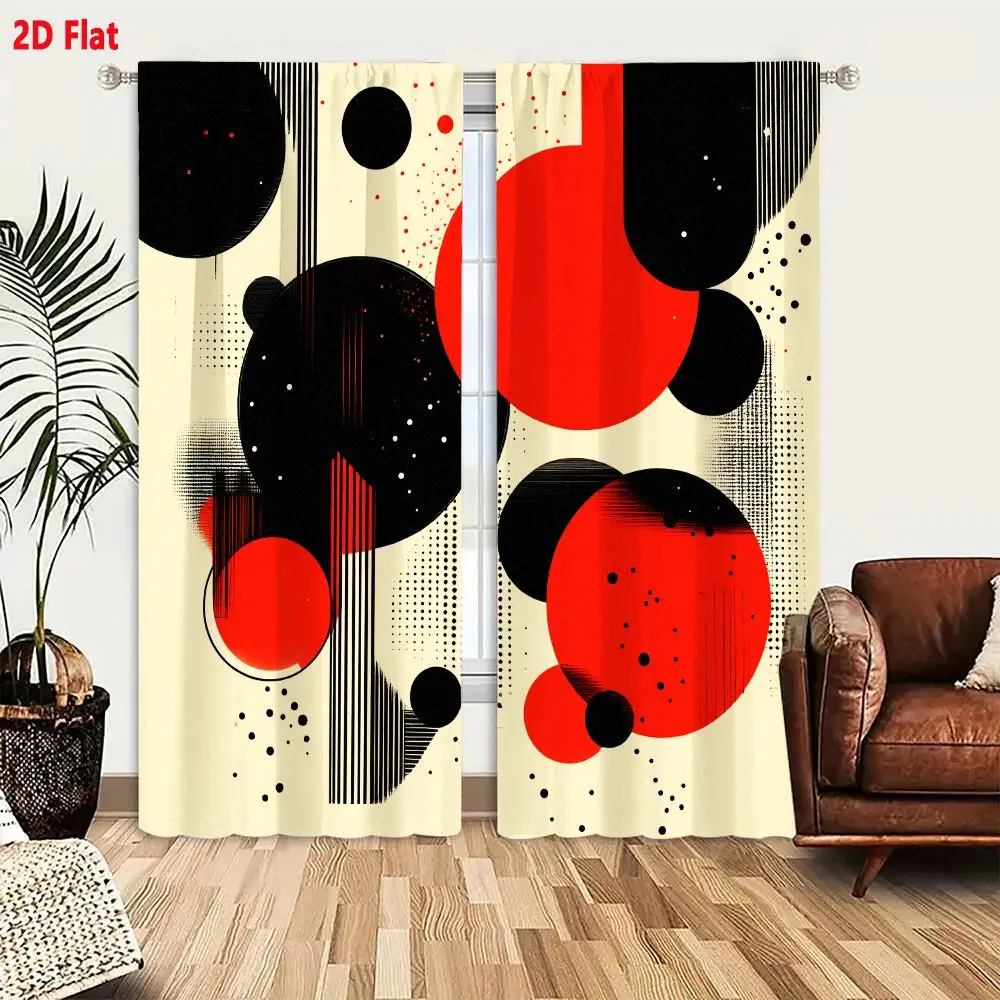 2Pcs Curtains 2D Flat Abstract Geometric Art Composition With Red Black Circles Lines White Dots On Light Beige Background Moder