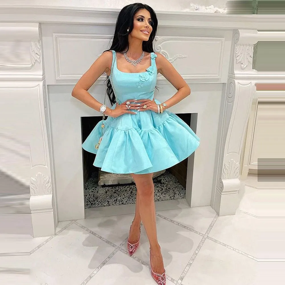 

Baby Blue Princess Cocktail Party Dress Square Handmade Flowers Cute Short Homecoming Gowns Sleeveless Girls Birthday Dress