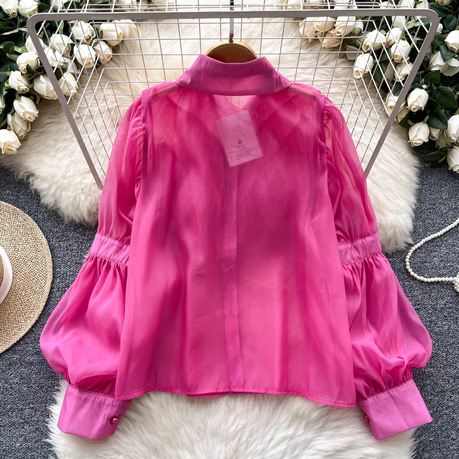 Chic Rhinestone Women Vintage Turn-down Collar Basics Long Sleeve Loose Ruffle Top French Streetwear High Street Autumn Blouse