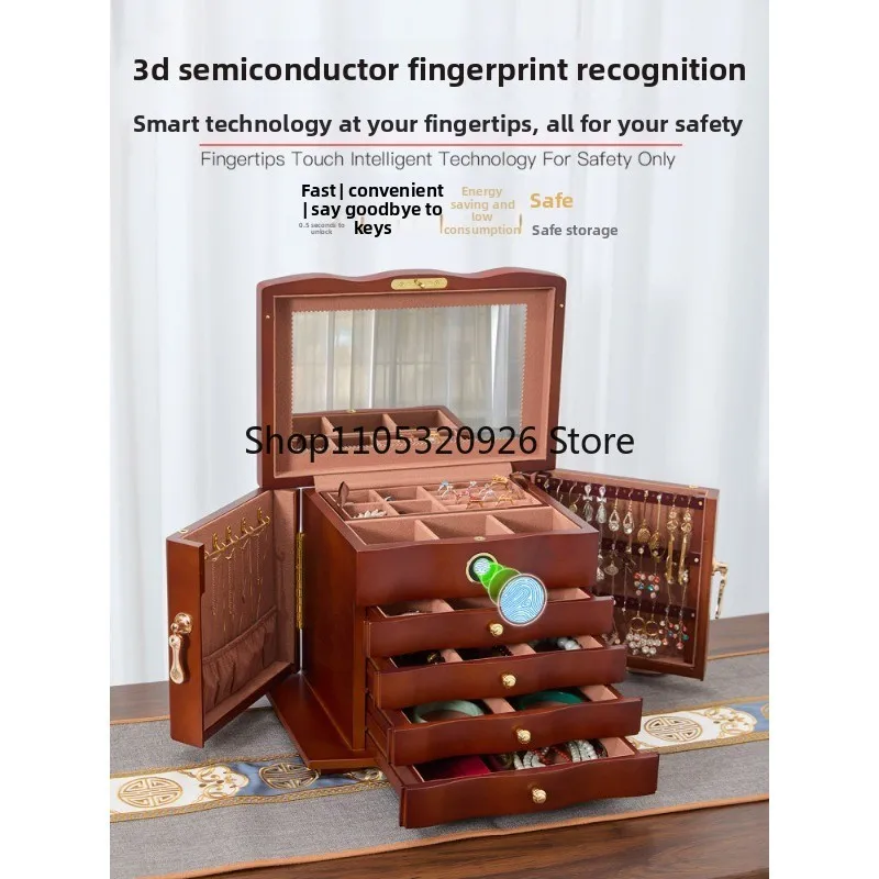 Solid wood jewelry storage box High-end exquisite wood retro national style wedding birthday gift fingerprint lock jewelry box