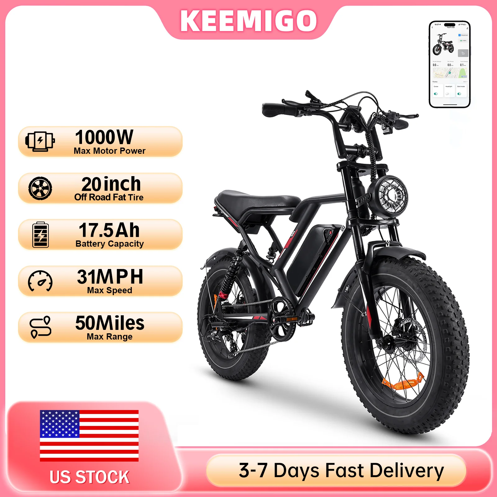 

Keemigo 1000W Electric Bike 20"x4" Fat Tire Electric Bike For Adults 48V17.5Ah Max 31MPH Long Range 50miles With Dual Disc Brake
