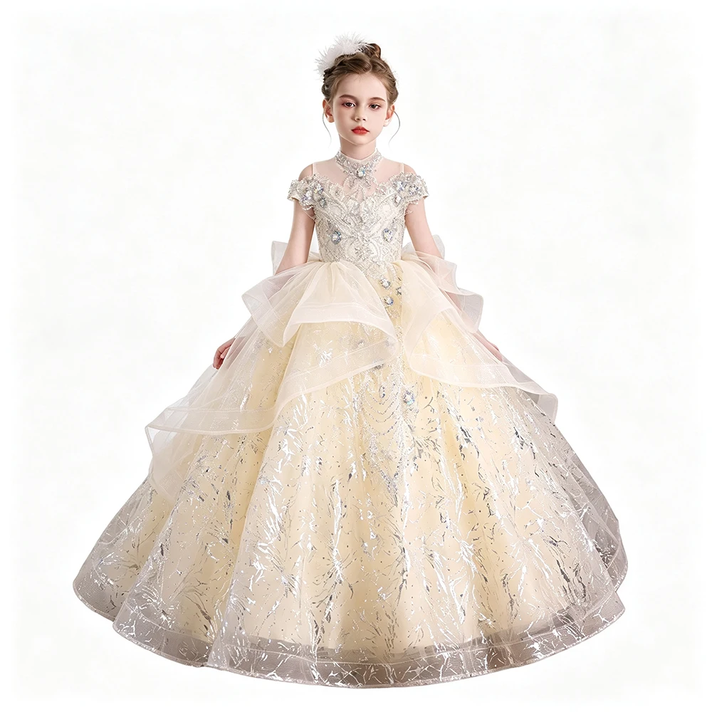 Luxury Champagne Girls Pageant Evening Prom Birthday Wedding Party Gown Off Shoulder Beaded Tulle Fluffy Princess Banquet Dress