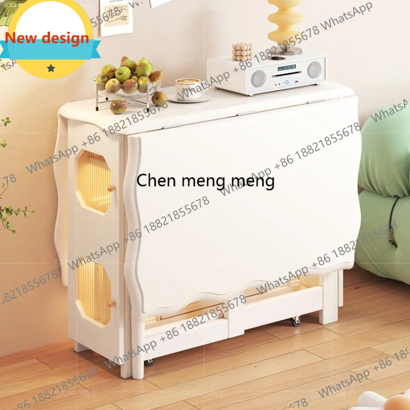 D80 Space-Saving Extendable Dining Set: White Foldable Solid Wood Table with Integrated Storage, Cream Aesthetic Furniture