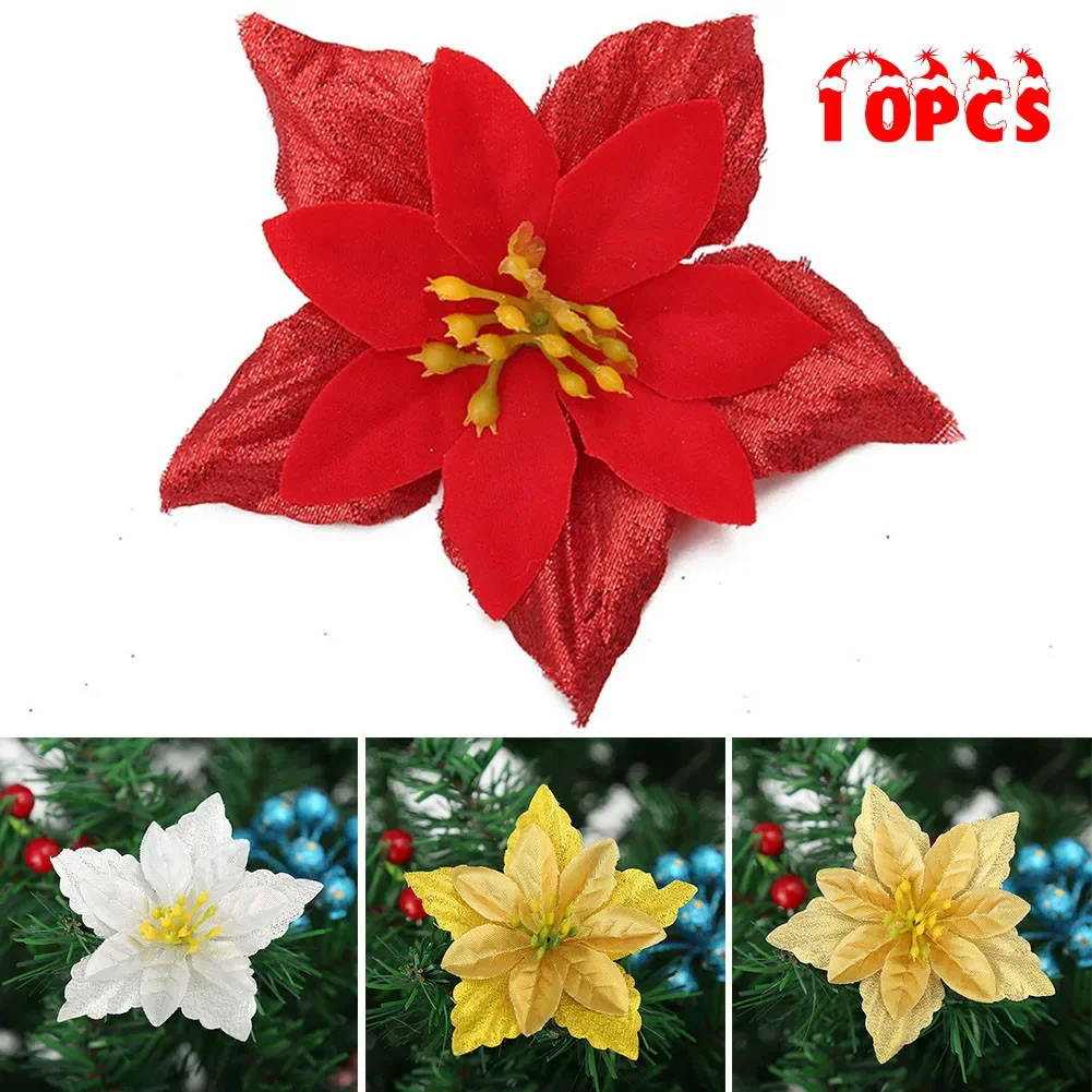 

Decorations Christmas Flowers Double Layer Fake Xmas 10x 7cm Artificial Flower Glitter Hanging Poinsettia Tree