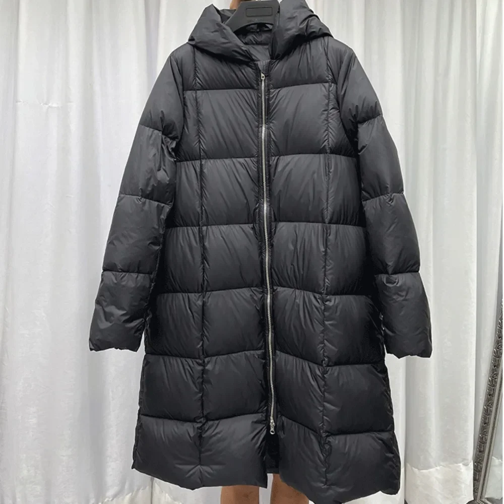 90% White Duck Down Jacket Vintage Women Hooded 2024 Winter Solid Color Double Zipper Down Coat Loose Casual Thicken Down Jacket