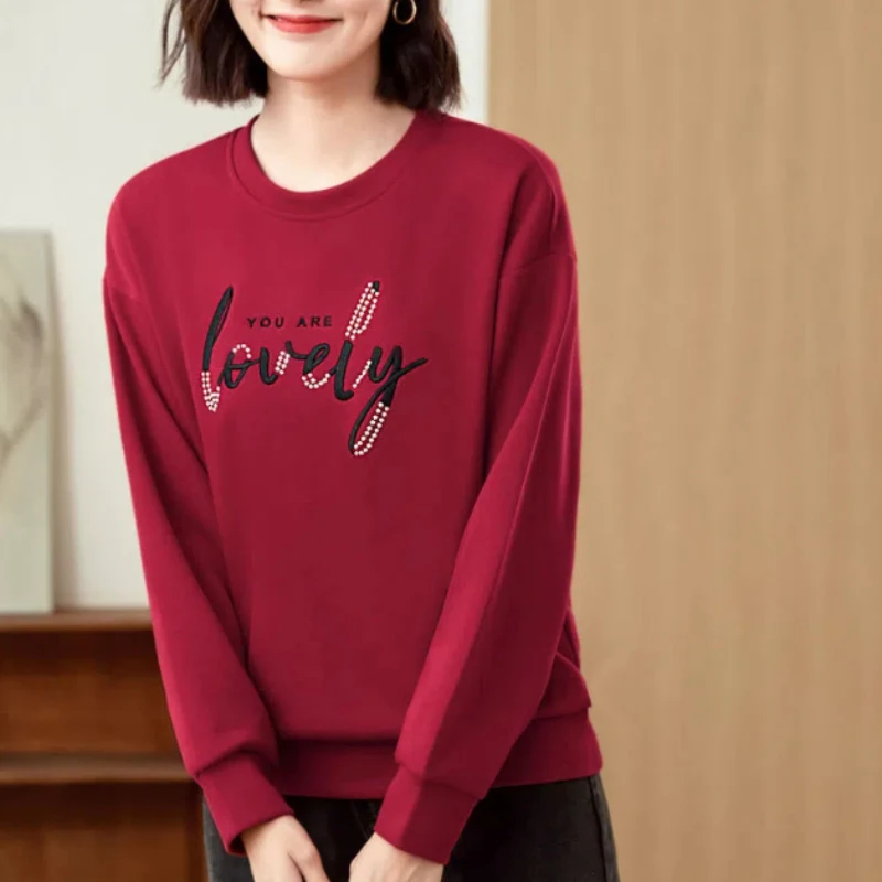 Women's Clothing Spring Autumn Round Neck Printing Rhinestone Pullover Letter Lantern Long Sleeve Casual Elegant Hoodies Tops