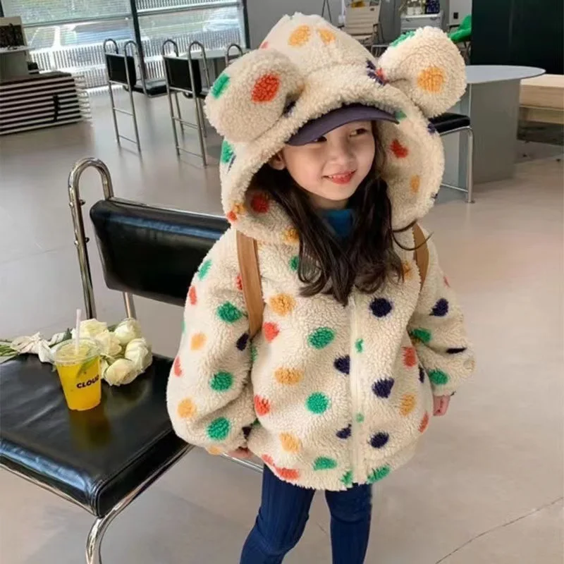 Girls Lamb Wool Coat 2023 Winter New Korean Version of Color Wave Point Children Padded Warm Hooded Zipper Shirt Coat