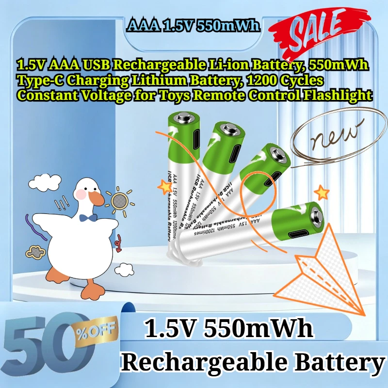 1.5V 550mWh AAA USB Rechargeable Li-ion Battery, Type-C Charging Lithium Battery for Toys Remote Control Flashlight Mouse+ Cable
