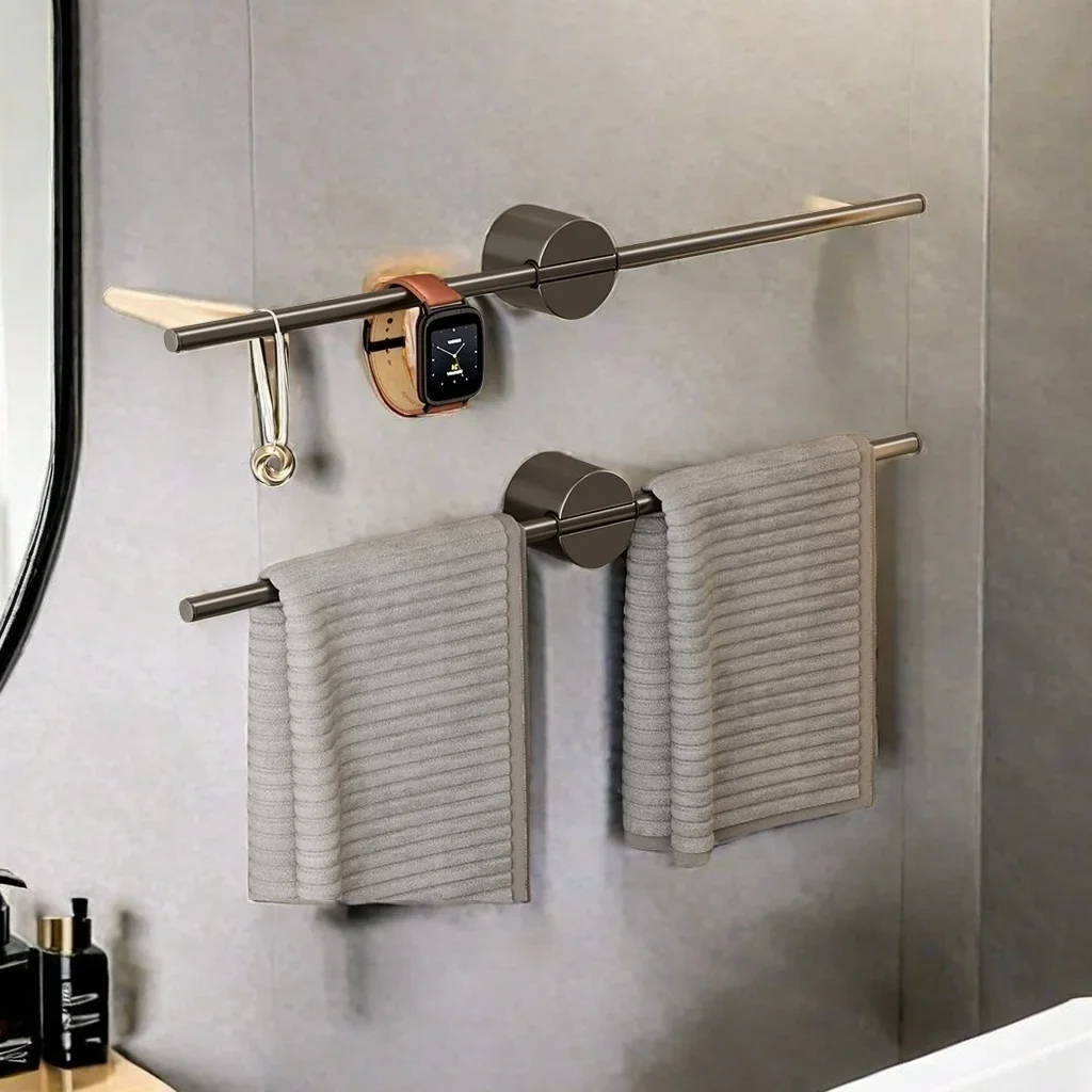 Light Luxury Suction Cup Bathroom Towel Rack No Hole Hanging Towel Bar Minimalist Gunmetal Gray Single Pole Bathroom Shelves