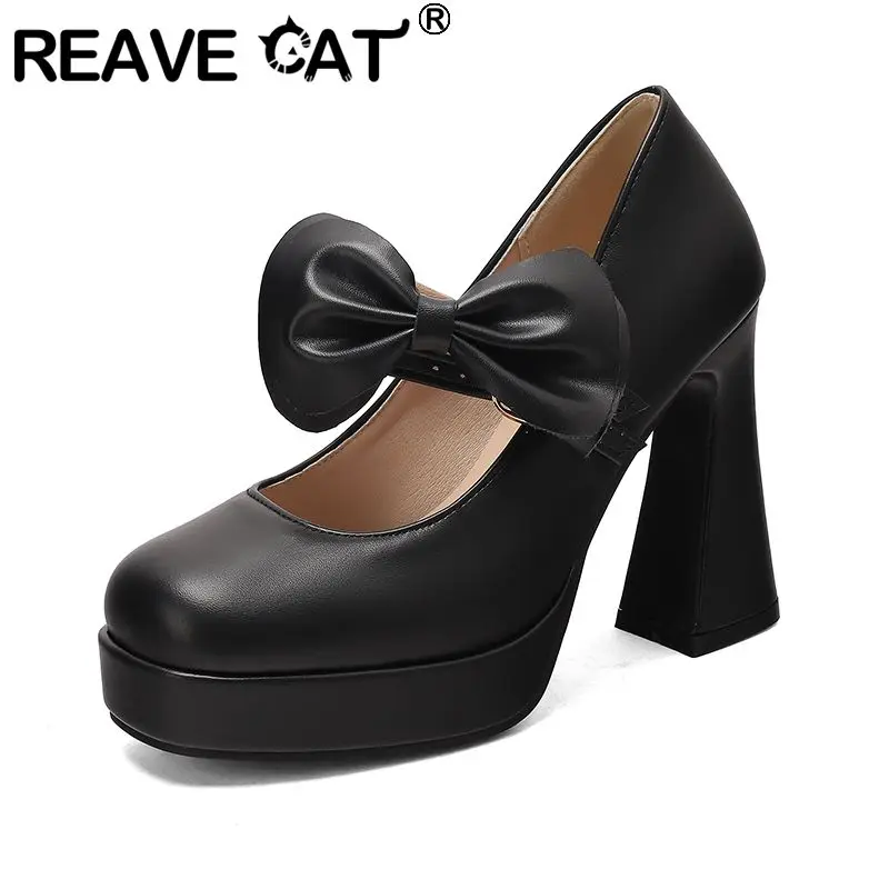 

Туфли-лодочки REAVE CAT белые женские, квадратный носок, каблук-бочонок 11 см, платформа 3 см, с бантом и ремешком на пряжке, милые туфли для свиданий, большие размеры 43, 44, 45