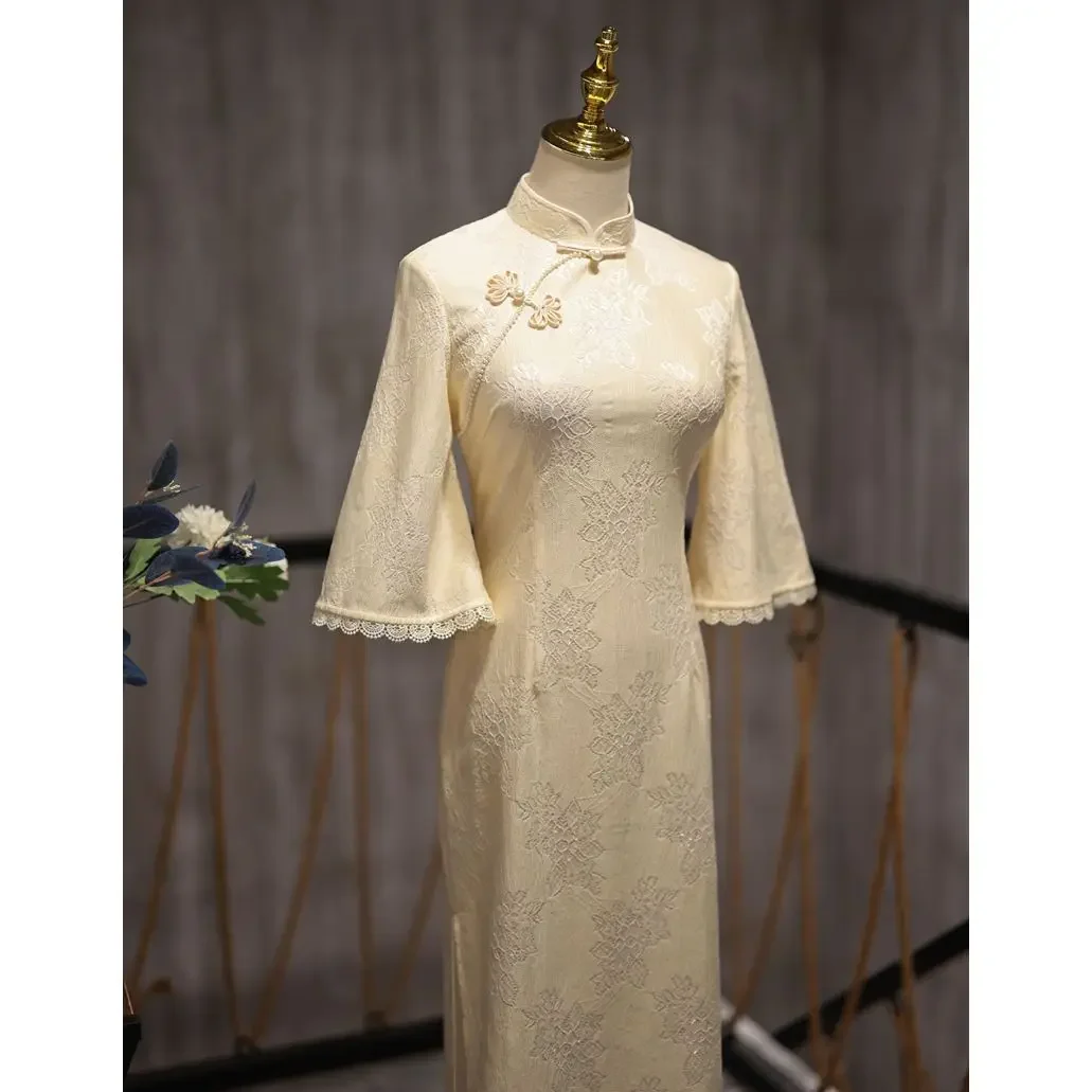 

Новое Cheongsam в китайском стиле, весенне-летнее стильное платье для молодых леди с большими перевернутыми рукавами, элегантное кружевное улучшенное платье Ципао