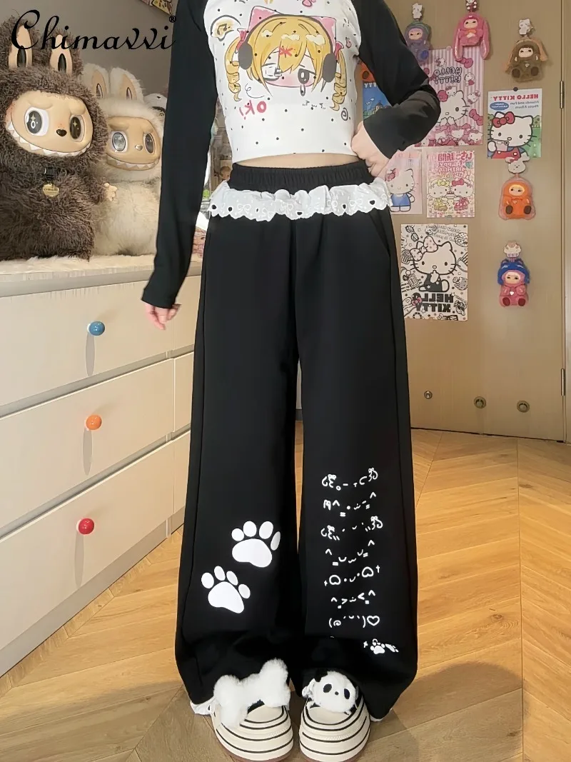 

Прямые повседневные брюки с милым мультяшным принтом для женщин, осень 2022, новые модные свободные универсальные тонкие студенческие повседневные широкие брюки