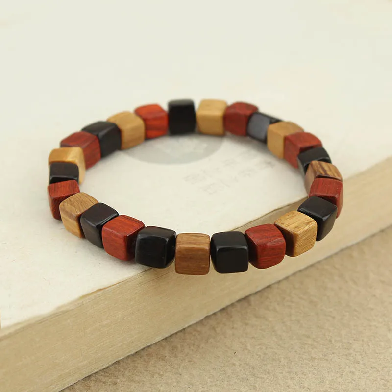 DIY accessories Retro small square sandalwood bracelet, simple square splicing single circle bracelet, literary and ethnic style