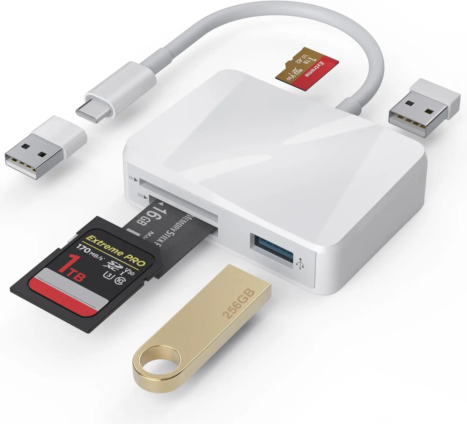 

5-in-1 USB-C Card Reader with SD/MicroSD/MS & Dual USB-A Ports for iPhone iPad MacBook Android Devices