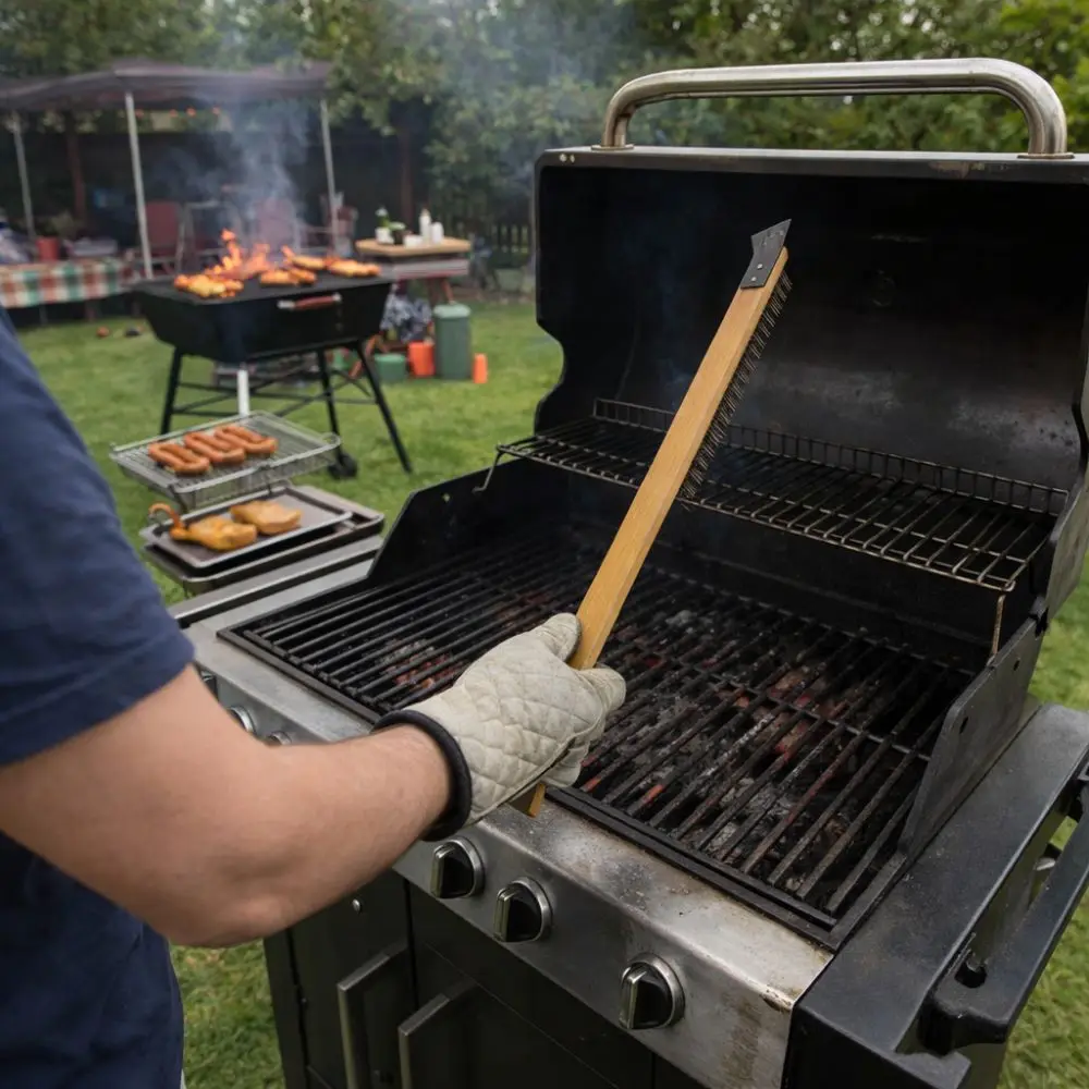 

Copper Bristle Grill Cleaning Brush Grill Scraper Extended Handle Oven Cleaner Brush Wood Handle with Lanyard