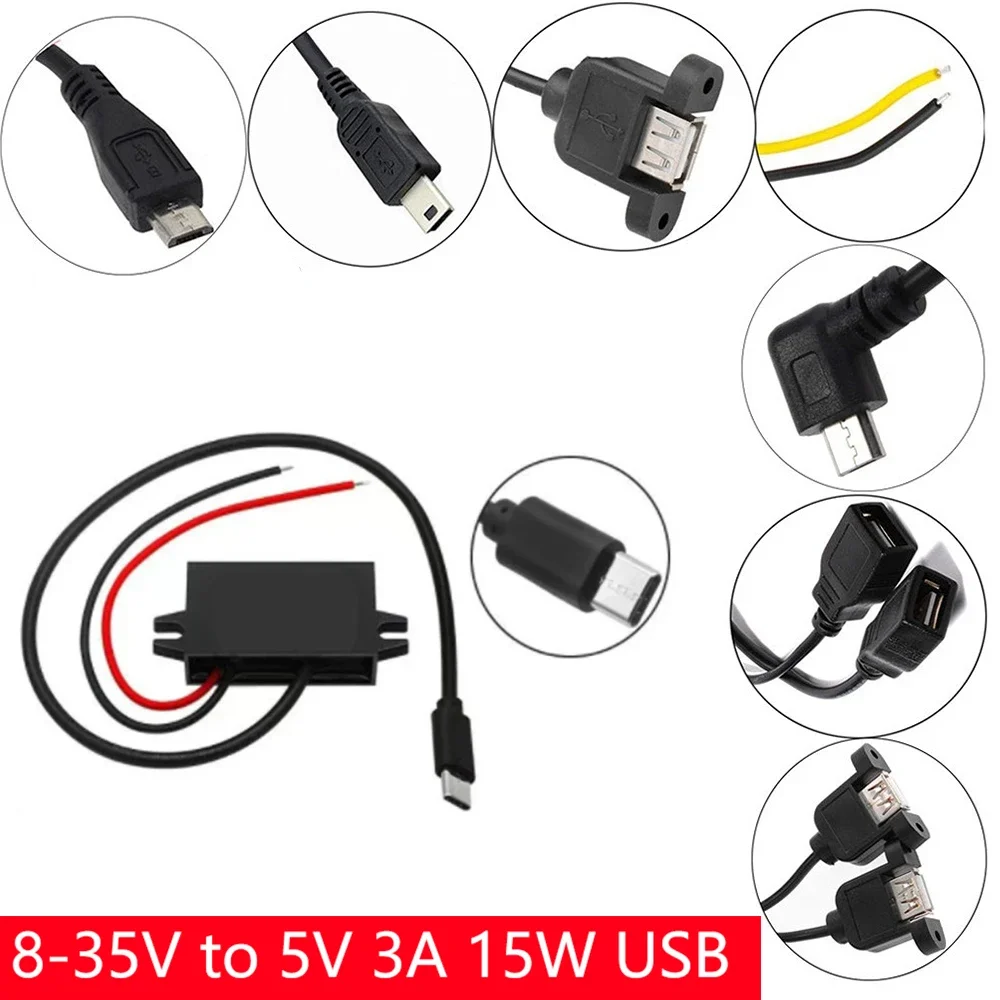 12V24V to 5V 3A Charging Converter DC DC 12V to 5V Step Down Converter with Female/MICRO/TYPE C/MINI USB for Car Motorcycle