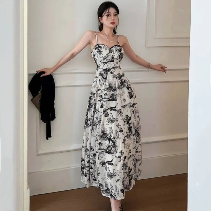 2024 New Large French Light Luxury Floral Dress Set for Women\'s Summer Ink Painting Suspender Long Skirt Two Piece Set For Woman