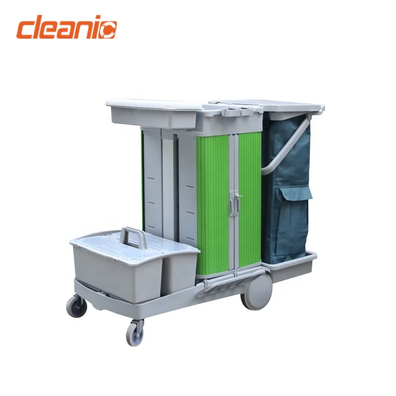 Color Coded Flat Mop Professional Cleaning Trolley Janitor Truck With Locking Cabinet And Storage Caddy