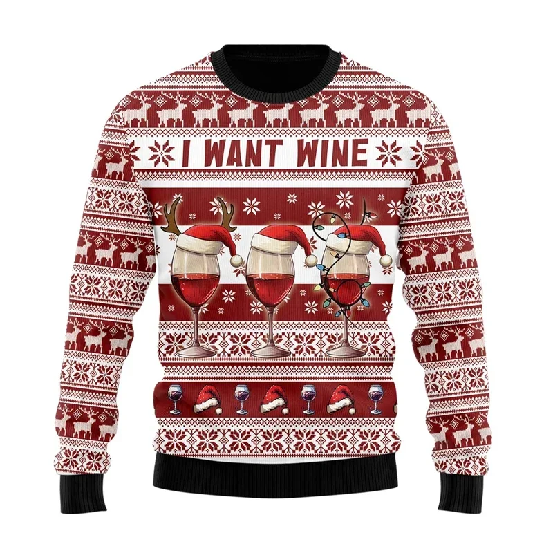 2025 Funny wine glass pattern sports shirt, autumn and winter bachelor party, ugly Christmas sweater, men's clothing, casual