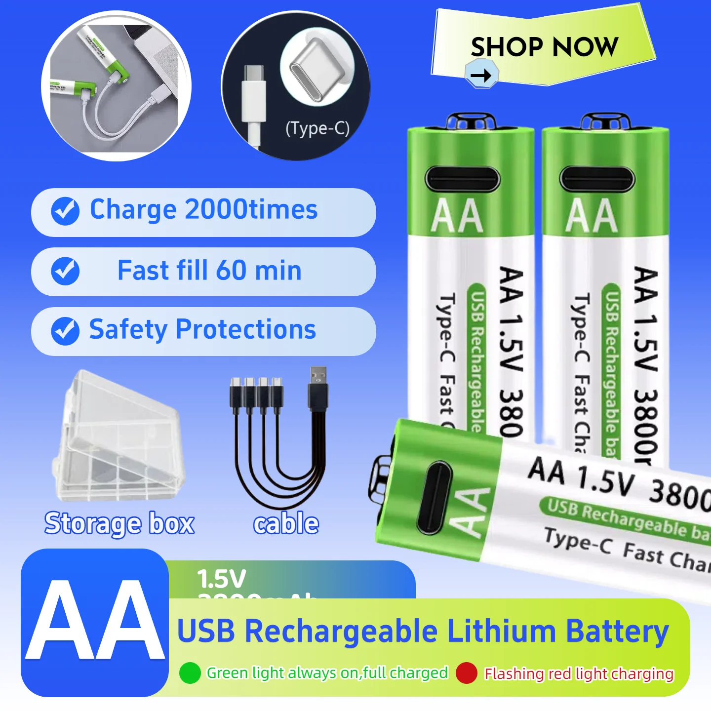 

3800mAh 1.5V AA Li-ion Rechargeable Batteries with Fast USB Charging, Data Cable and Storage Box for Long Lasting Power