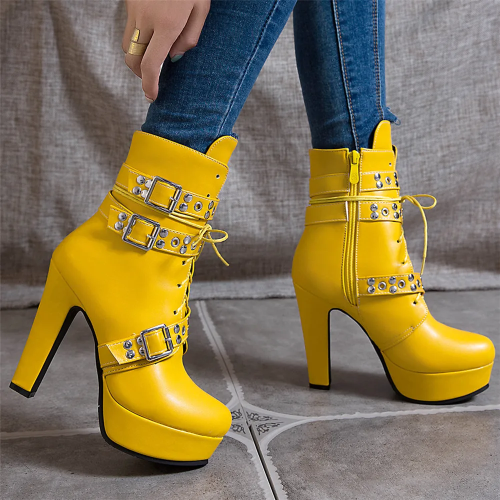 New Vintage Ladies Mid-calf Boots Chunky Heels Belt Buckle Boots Pointed Toe Rivet Booties Women Goth punk Party Woman Shoes 41