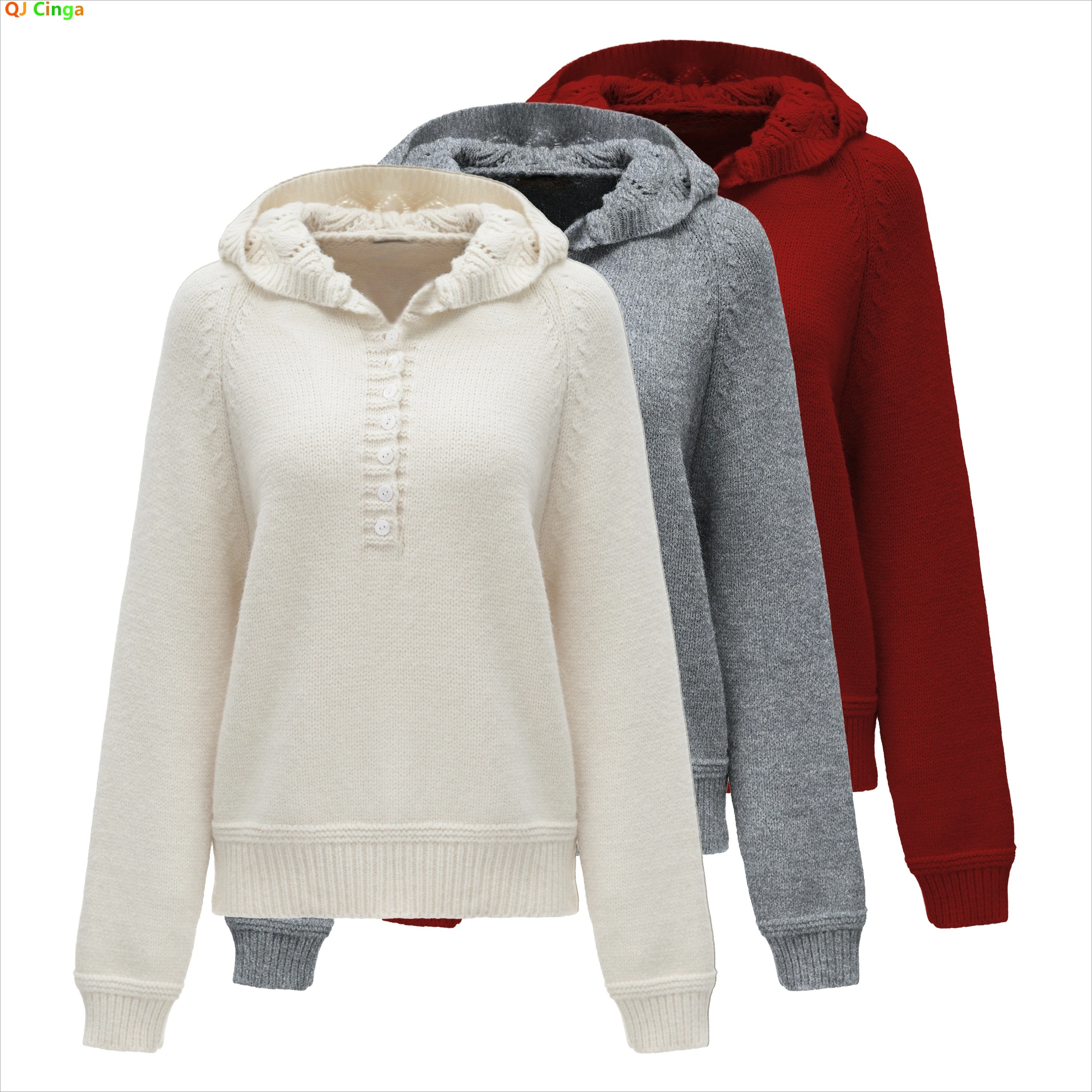 2026 New Women's Burgundy Hooded Sweater, Beige Knit Pullover Sweaters. Bust: 106-108 cm / Length: 57 cm / Sleeve: 65 cm