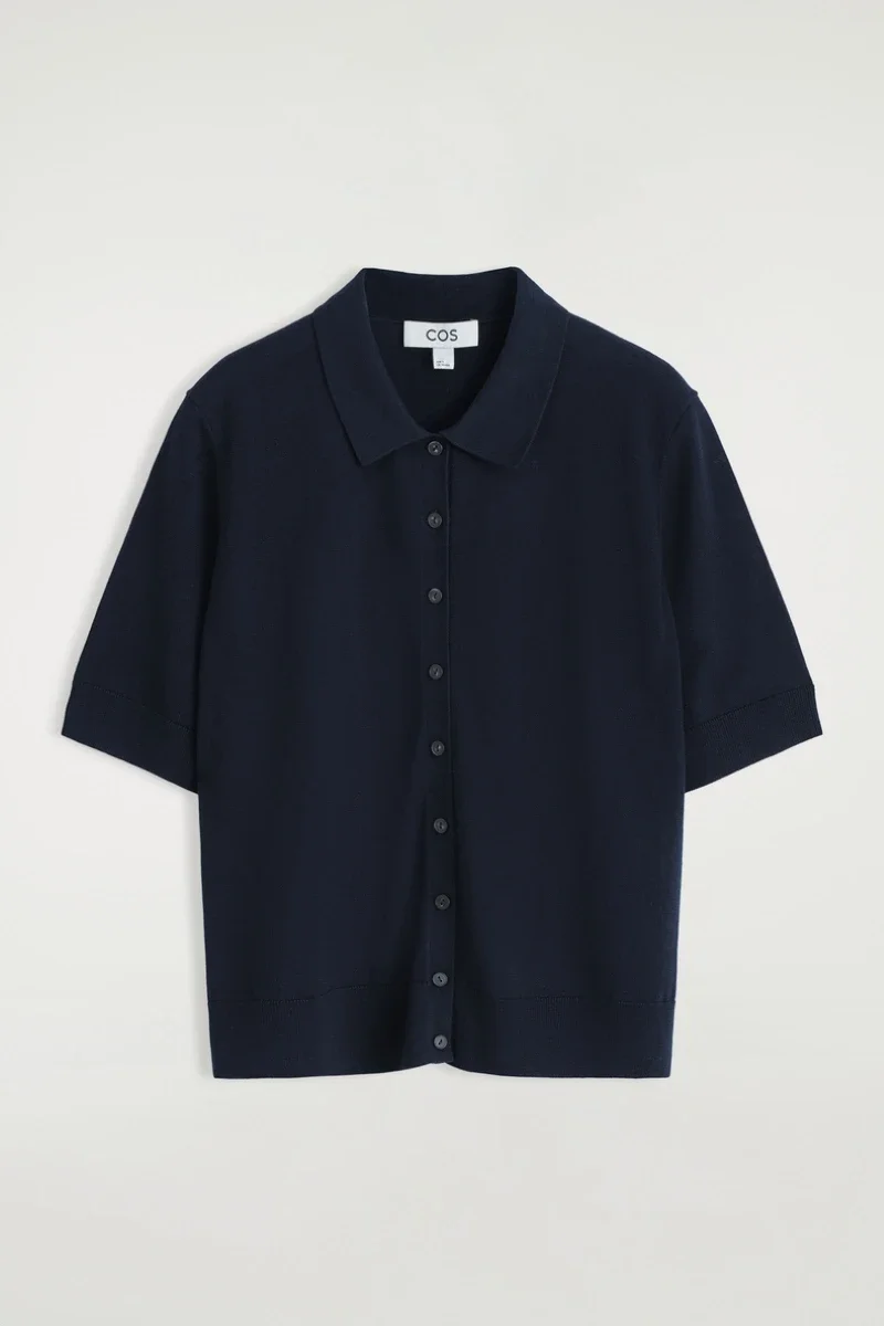 Ethereal costume 2025 cos summer new style of Ladies' casual fashion slim-fitting Navy blue short-sleeved POLO cardigan