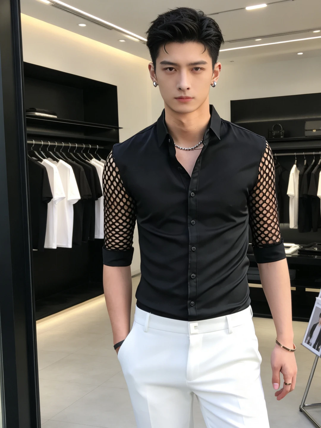 Men's Slim Fit Ice Silk Shirt with Hollow out Design And Half Sleeves for Summer Fashionable Breathable Casual Business Shirt