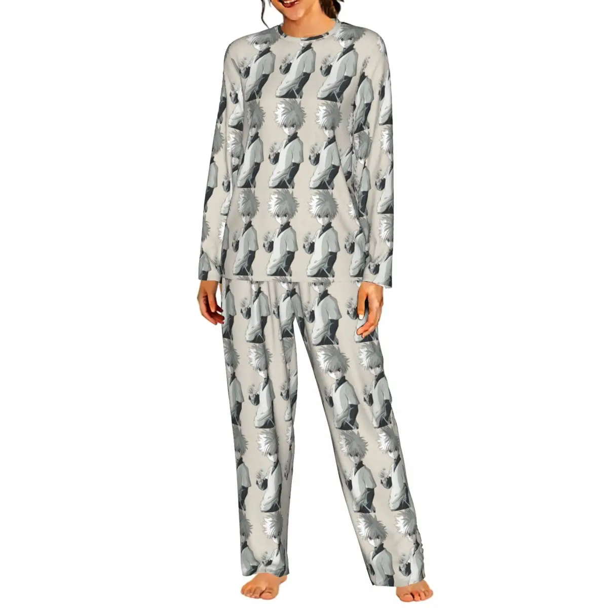 HXH Anime Killua Zoldyck Hunter X Hunter Round Neck Long Sleeves Nightdress for Sleepshirts Women Soft Pajama Set Long Pants