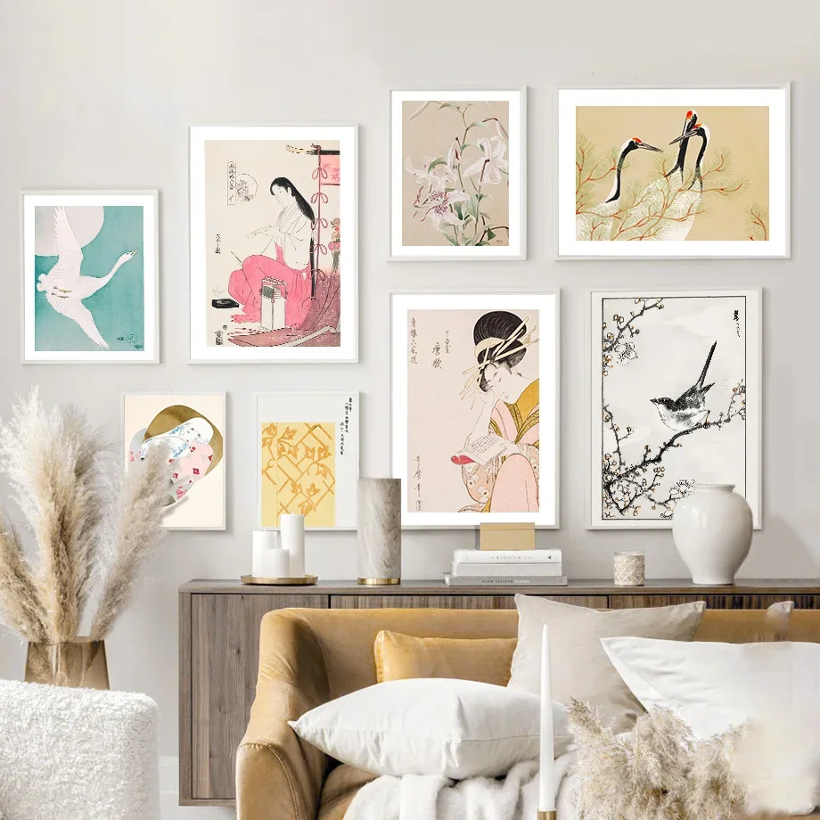 Japanese Style Crane Swallow Swan Woman Flower Posters And Prints Wall Art Canvas Painting For Living Room Decorative Pictures