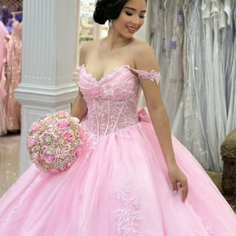 

Customized Pink Quinceanera Dresses Off the Shoulder sequin decal Tull Lace Bow Long tail Vestido 15 Quinceanera