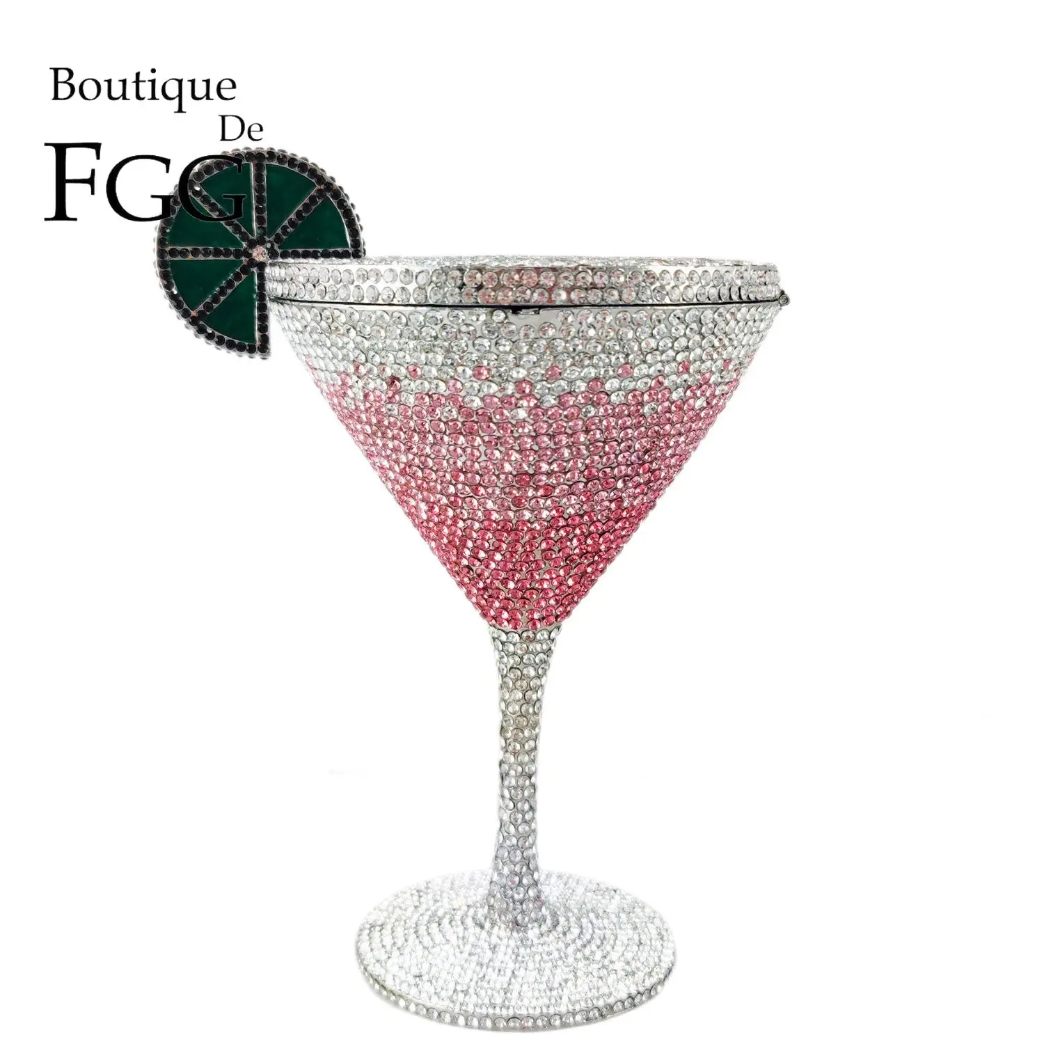 Boutique De FGG Novelty COSMOPOLITAN Cocktail Glass Women Pink Evening Handbags and Clutches Party Dinner Crystal Clutch Purse