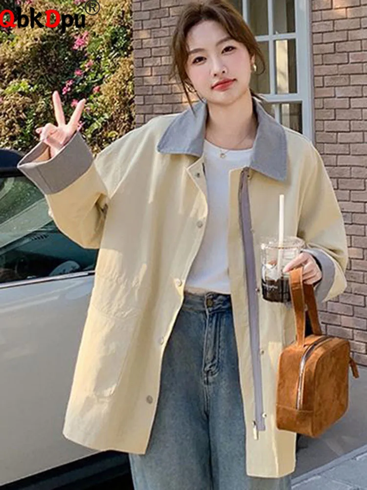 

Korean Design Loose Trench Coats Women Casual Lapel Neck Single Breasted Outerwears Spring Fall Long Sleeve Patchwork Jackets
