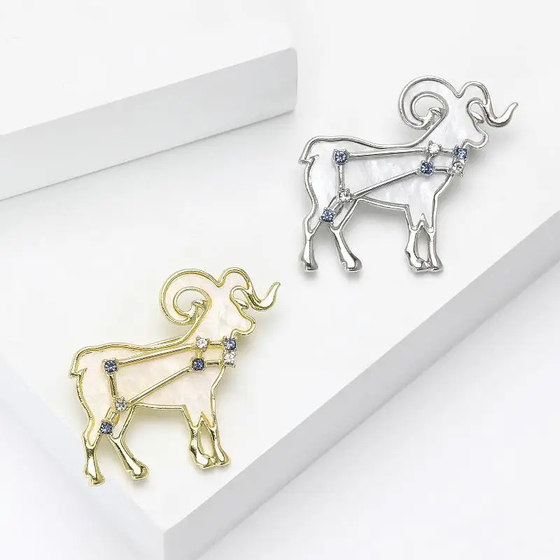 Aries Zodiac Elegant Shell Goat Brooch Sparkling Rhinestone Stars Brooches Pins Designer Jewelry Gift