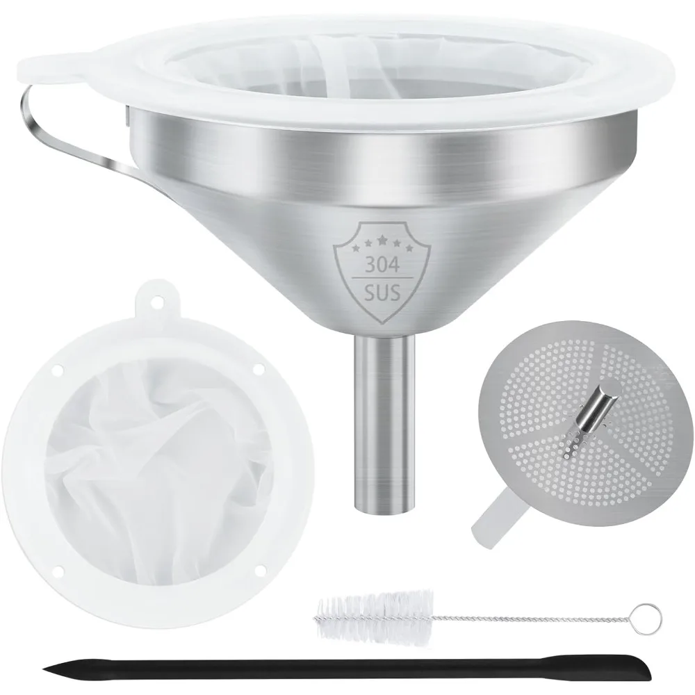 

304 Stainless Steel Funnel, 5 Inch Funnels for Kitchen Use Filling Bottles, with 200 Mesh and 100 Mesh Fine Mesh Strainer, for Oils, Juice, Wine, Coffee, Milk, Tea, Powder