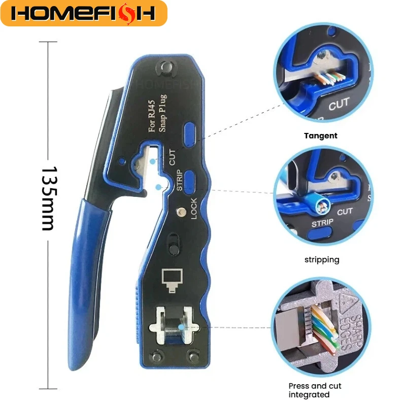 HOMEFISH 8P RJ45 Przecinak do kabli sieciowych, narzędzie do zaciskania, ściągacz izolacji/obcinak/zaciskarka - wszystko w jednym do kabli Ethernet — zdjęcie 2
