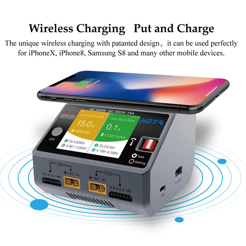 HOTA D6 Pro AC 200W DC 650W 15A D6 DC 2X325W 2X15A Charger With Wireless Charging for 1-6S Lipo LiHV/NiZn/Nicd/NiMH Battery