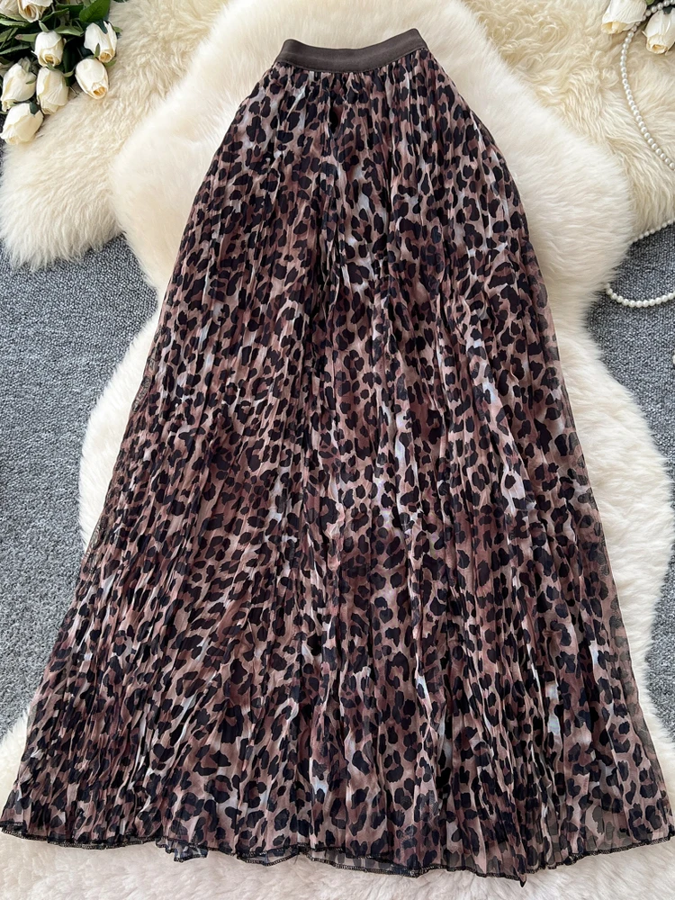 Hoge Taille A-lijn Rok Luipaardprint Me f-lengte Dames Faion Afslanken Drapey Zomer Ci Pendelen Stand Fit