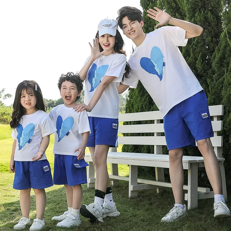 Heart Family Matching Outfits Summer Korean Parents and Children Clothes Dad Mom and Son Daughter T Shirts Shorts Two Piece Sets