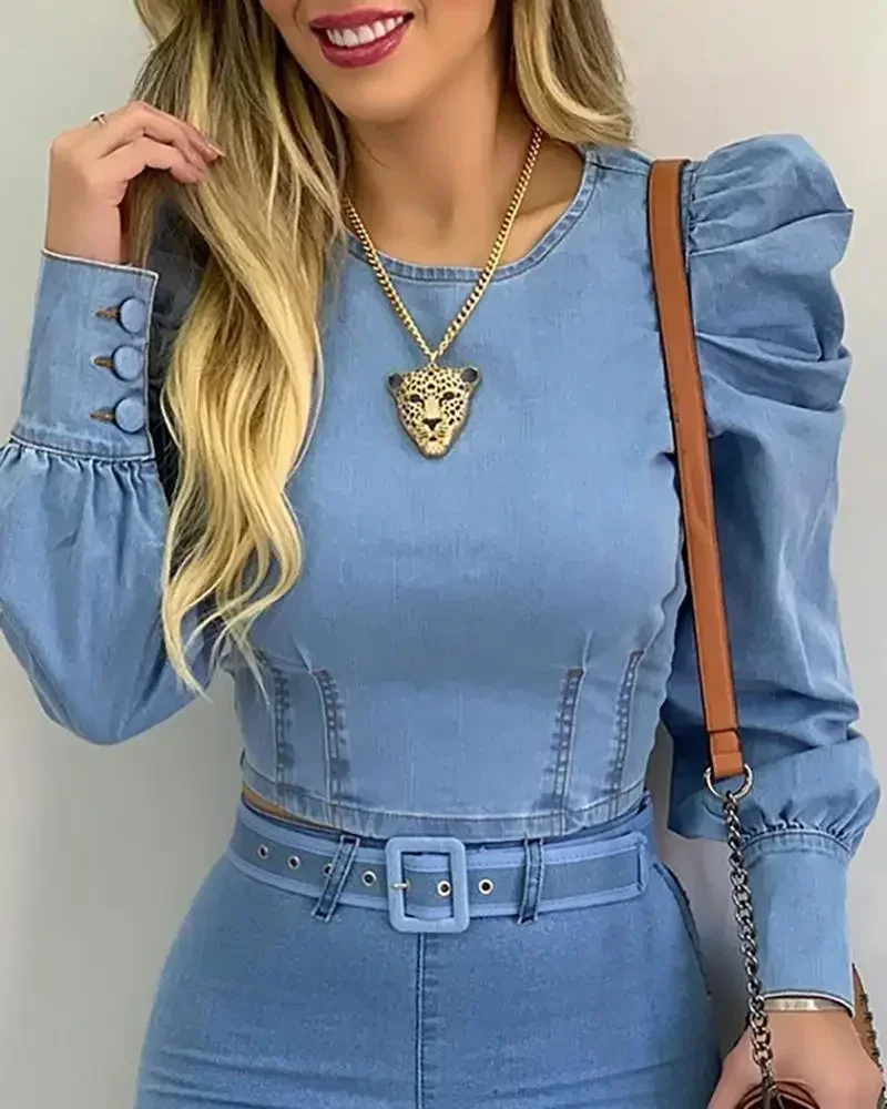 

Denim Blue Women blouse Round Neck Puff Sleeve Corset Top Long Sleeve Shirt Sexy Tops Blouses Denim Top Shirt Sweetheart Slim