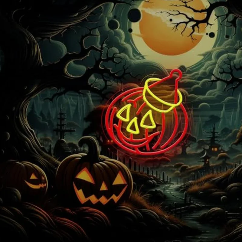 

Yellow Pumpkin Neon Sign LED Dimmable Neon Light Up Halloween Wall Decor for Party Window Backdrop Man Cave Room