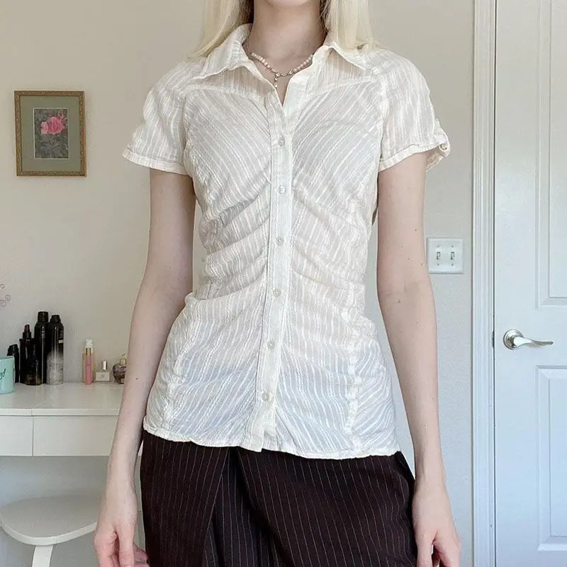 Shirt French Style Button-Up Blouse Tighten The Waist Women Chic Elegant Striped Short Sleeve Shirt Summer Streetwear Ladies