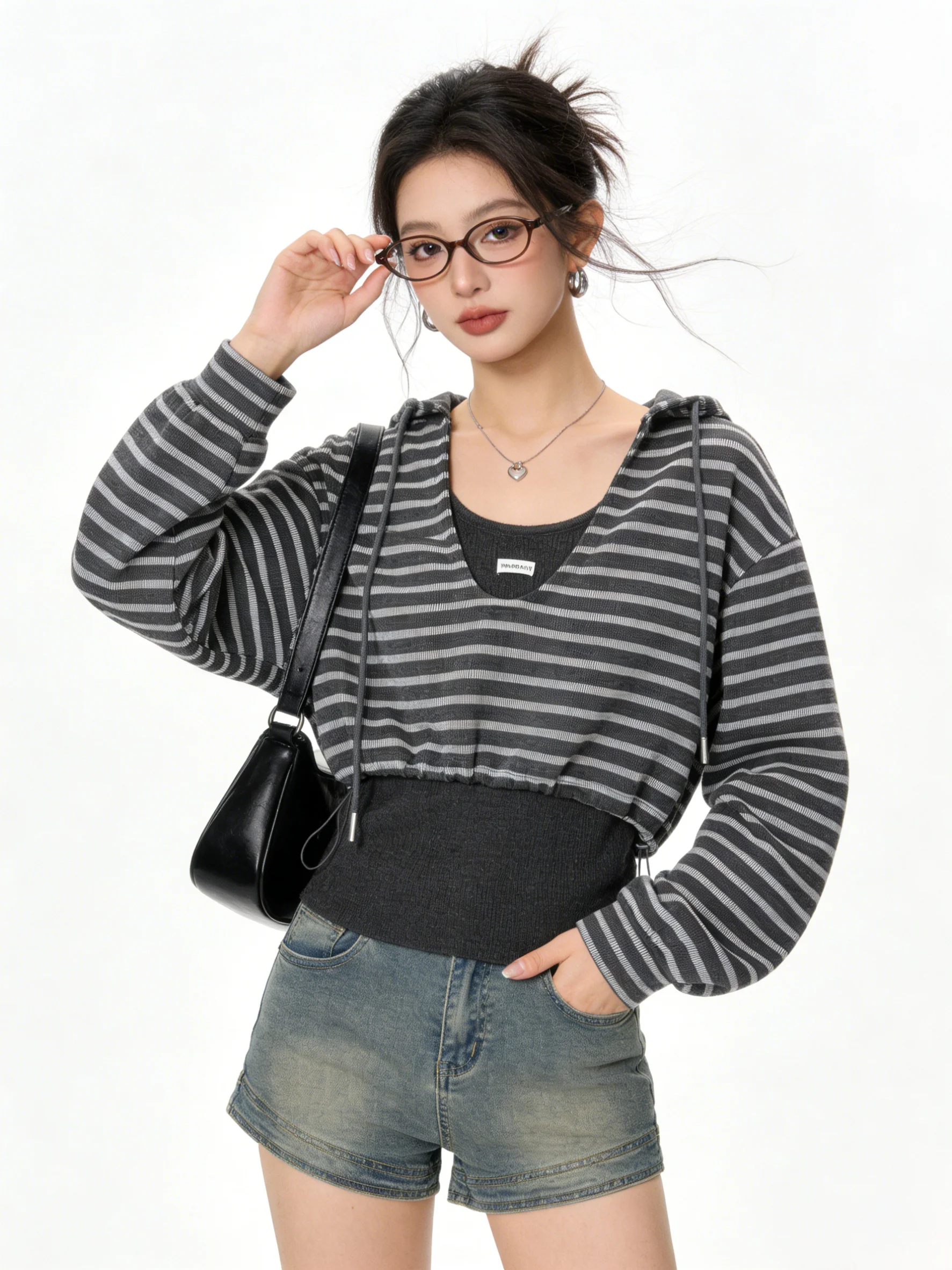 

Korean Style Casual Stripe Color Block Hoodie And Knitted Vest Two Piece Set Breathable Short Sleeve Long Sleeve Spring Autum...