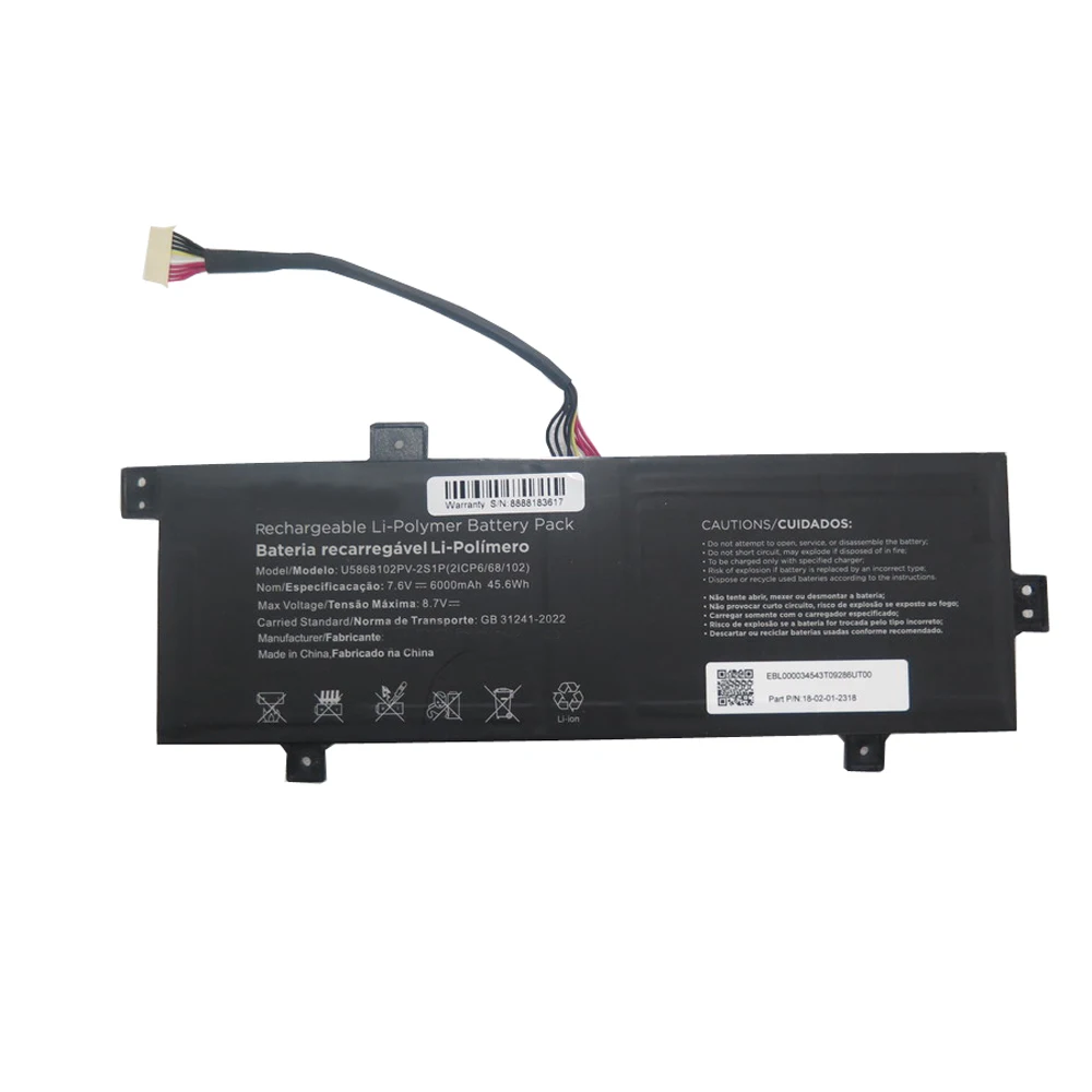 Laptop Battery For U5868102PV-2S1P 7.6V 6000MAH 45.6WH 11PIN 10Lines Black New